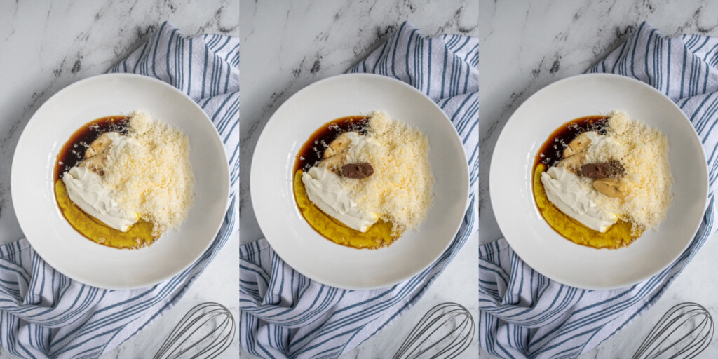 Collage showing the steps of Greek Yogurt Caesar Dressing being made by adding ingredients to a bowl.