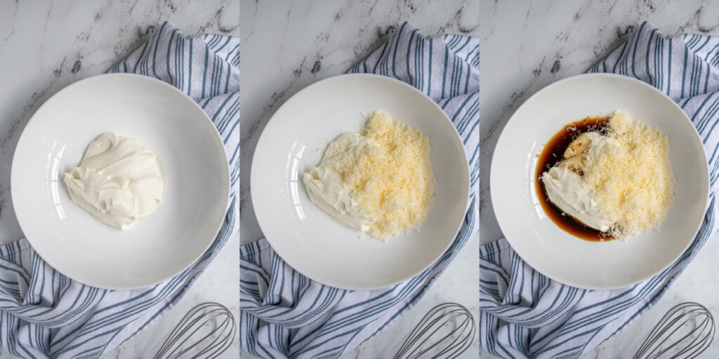 Collage showing greek yogurt, parmesan cheese, and Worcestershire sauce to make Greek Yogurt Caesar Dressing.