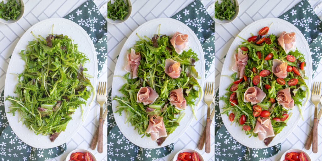 Collage showing the first steps of building a grilled peach caprese salad con a platter with greens, prosciutto, and cherry tomatoes.
