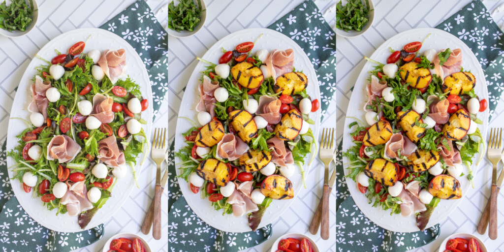 Collage showing building a grilled peach caprese salad with mozzarella, grilled peaches, and basil.