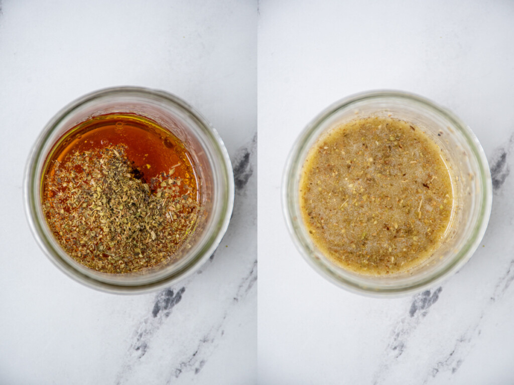 Showing a jar with the ingredients for the dressing for Mediterranean Orzo Pasta Salad.