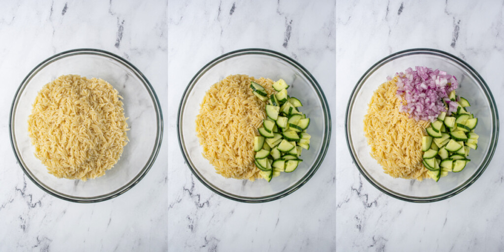 Collage showing the steps of adding cooked orzo, cucumbers, and onions to a large bowl.