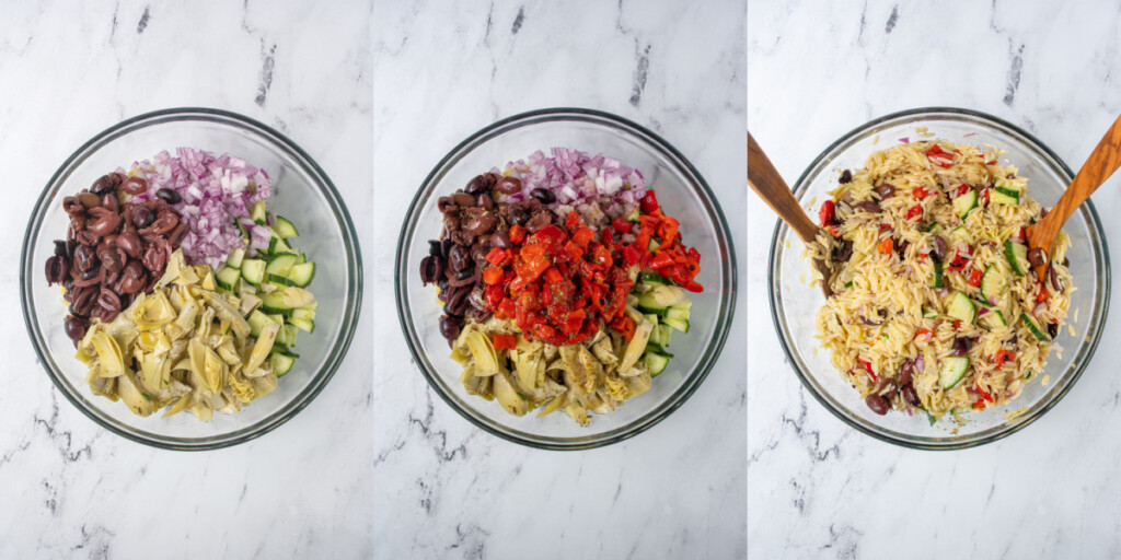 Collage showing the steps of adding olives, roasted bell pepper the pasta salad and then tossing together.