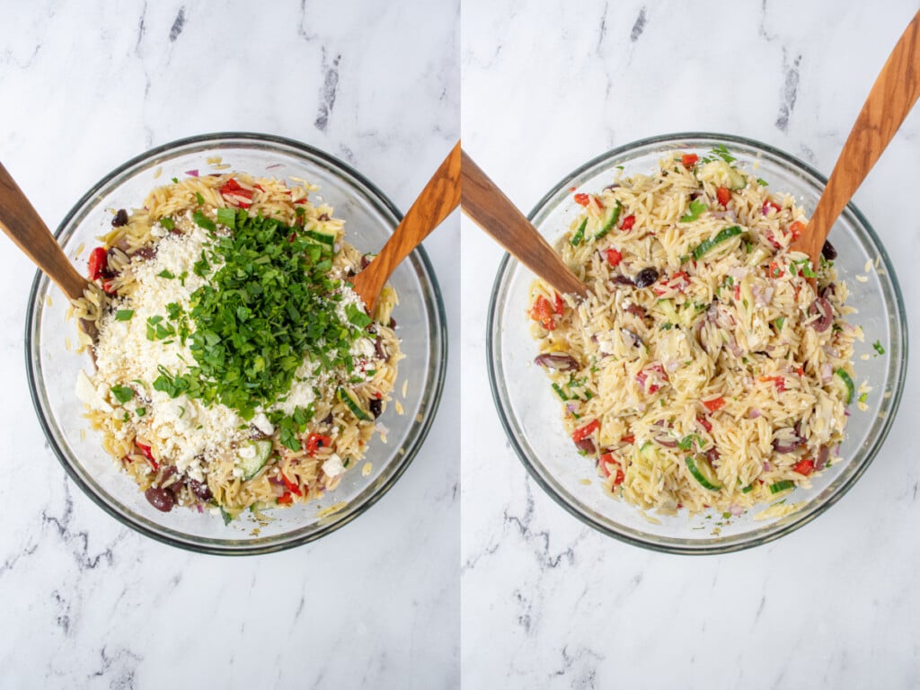 Photos showing the steps of adding crumbled feta and fresh parsley into the pasta salad and then mixing it in.