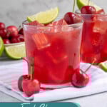 Pinterest pin with text overlay 'Fresh Cherry Margaritas', image of a glass with ice and a red cherry margarita.