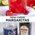 Pinterest pin with text overlay 'Fresh Cherry Margaritas', image of a glass with ice and a red cherry margarita.