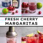 Pinterest pin with text overlay 'Fresh Cherry Margaritas', image of a glass with ice and a red cherry margarita.