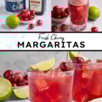 Pinterest pin with text overlay 'Fresh Cherry Margaritas', image of a glass with ice and a red cherry margarita.