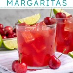 Pinterest pin with text overlay 'Fresh Cherry Margaritas', image of a glass with ice and a red cherry margarita.