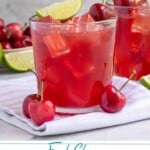 Pinterest pin with text overlay 'Fresh Cherry Margaritas', image of a glass with ice and a red cherry margarita.
