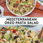 Pinterest Pin with text overlay 'Mediterranean Orzo Pasta Salad', image of a white bowl filled with colorful pasta salad with a wooden spoon.