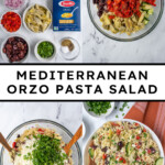 Pinterest Pin with text overlay 'Mediterranean Orzo Pasta Salad', image of a white bowl filled with colorful pasta salad with a wooden spoon.