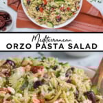 Pinterest Pin with text overlay 'Mediterranean Orzo Pasta Salad', image of a white bowl filled with colorful pasta salad with a wooden spoon.