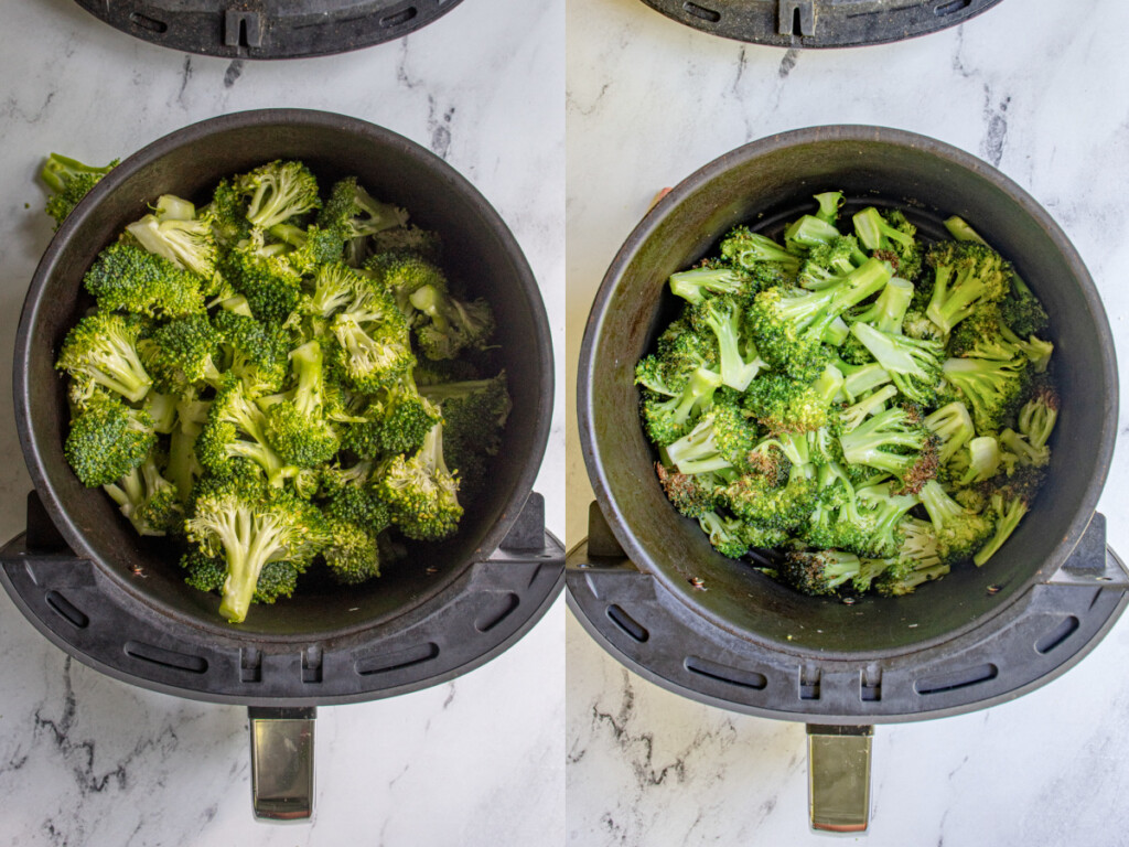 Collage showing the side by side of before and after cooking broccoli in the air fryer.