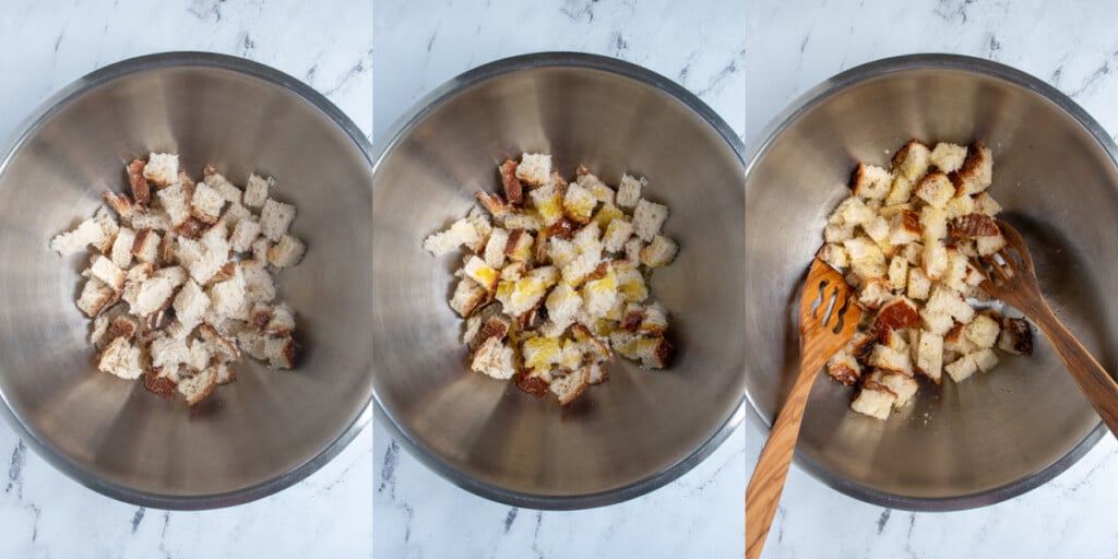 Collage showing the bread cubes being tossed in olive oil.