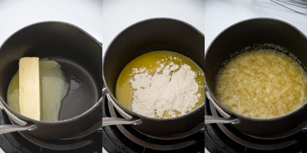 Making the filling for the apple pie by adding butter to a saucepan with flour.