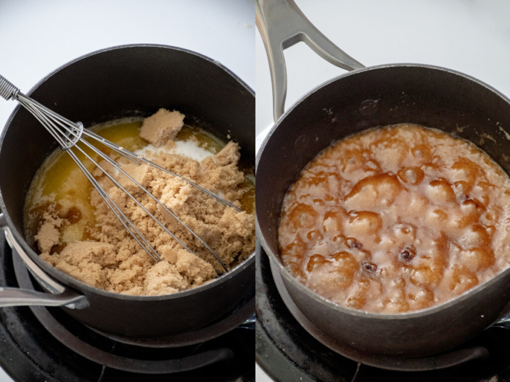 Making the filling for the apple pie by adding sugars to butter and boiling.
