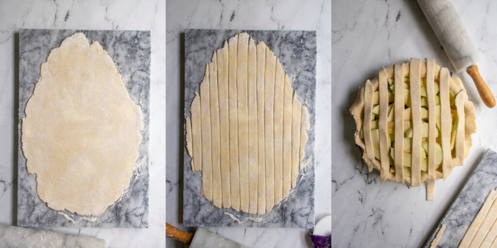 Collage showing the first steps of making a lattice top for an apple pie showing the dough cut and first strips laid across the top.