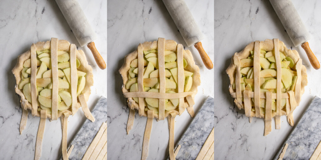 Collage showing the steps of making a lattice pie by folding back every other strip and adding a new one across.