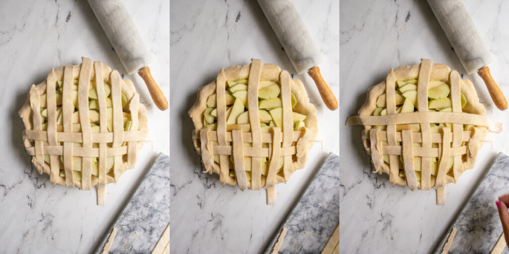 Collage showing making the lattice pie crust.