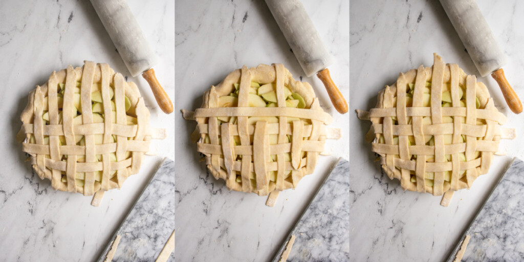 Collage showing the lattice top of an apple pie being made, the lattice top is about halfway done.
