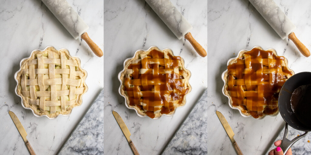Collage showing the filling mixture being poured overtop the apple pie, into the lattice frame top.