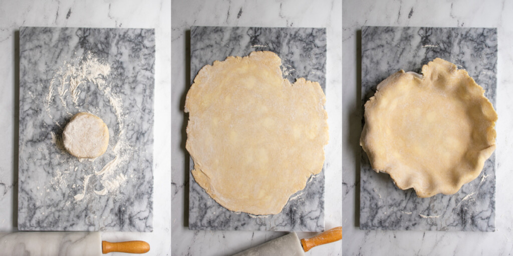 Collage showing the steps of rolling out the pie dough and then placing into a pie crust.