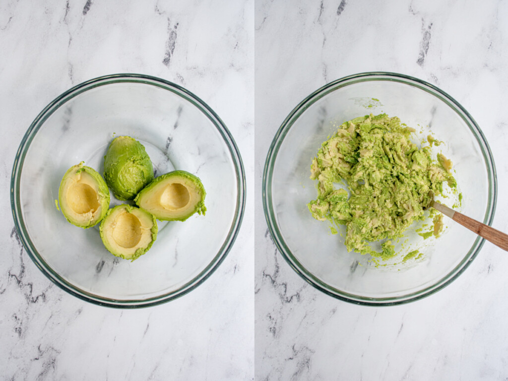Collage showing avocados in a bowl and then avocados being smashed with a fork.