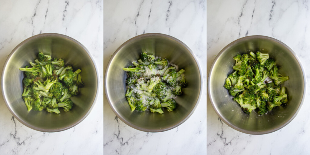 Collage showing the cooked broccoli in a bowl, parmesan getting added, and parmesan tossed with the broccoli.