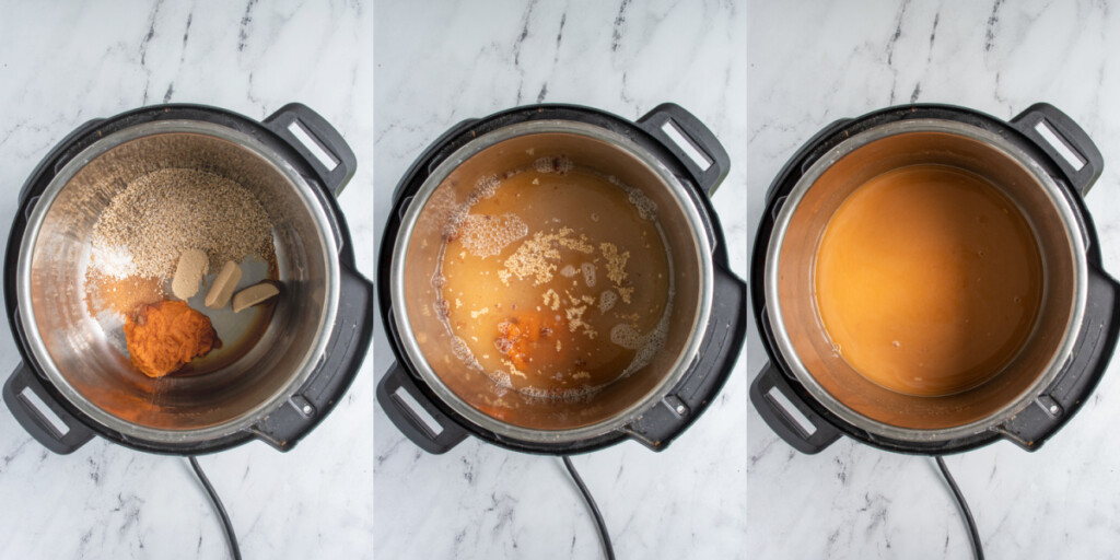 Collage showing the steps for making pumpkin spice oatmeal in the pressure cooker showing all of the ingredients and then ,mixed with water before putting the lid on the cook.