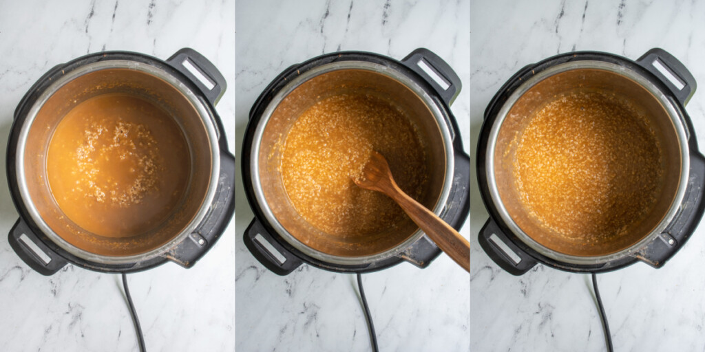 Overhead view of a collage of pumpkin spice oats in a pressure cooker after being cooked and stirred ready for eating.