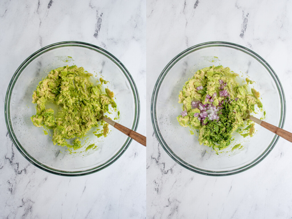 Collage with a smashed avocado with lime juice and the having the other ingredients added before getting mixed together.