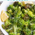 Pinterest pin with text overlay "Air Fryer Broccoli", image of a white bowl with cooked broccoli.