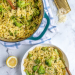 Pinterest pin with text overlay 'Bowtie and Broccoli'. image of a white bowl filled with green broccoli and bowtie pasta.