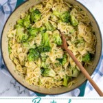 Pinterest pin with text overlay 'Bowtie and Broccoli'. image of a white bowl filled with green broccoli and bowtie pasta.
