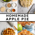 Pinterest Pin with text overlay 'Homemade Apple Pie', image of a slice of apple pie on a white plate.
