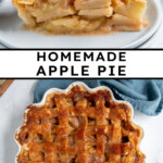 Pinterest Pin with text overlay 'Homemade Apple Pie', image of a slice of apple pie on a white plate.