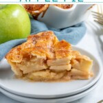 Pinterest Pin with text overlay 'Homemade Apple Pie', image of a slice of apple pie on a white plate.