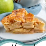 Pinterest Pin with text overlay 'Homemade Apple Pie', image of a slice of apple pie on a white plate.