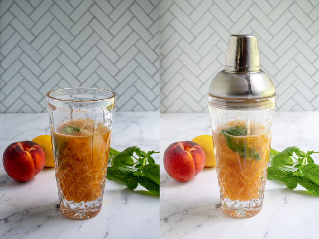 Showing the steps to making a Bourbon Peach Smash including adding all the ingredients to the shaker and then shaking with ice.