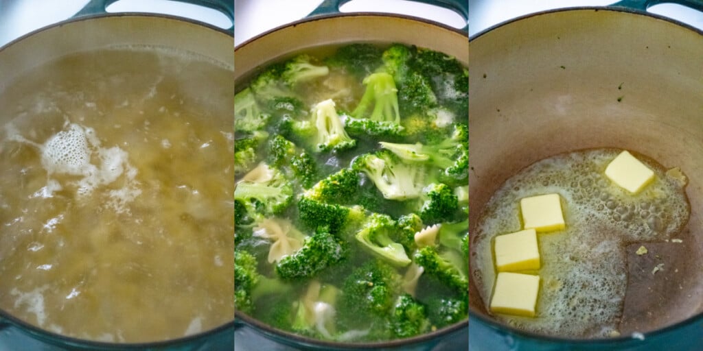 Steps for making bowties and broccoli showing the pasta in the water, adding broccoli to the water and a drain pot with butter melting.