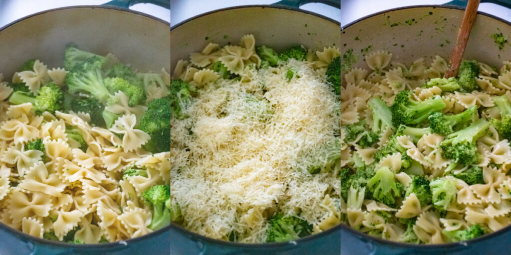 Steps for making bowties and broccoli showing drained pasta and broccoli in a pot, parmesan cheese added the the pot, and everything mixed together.