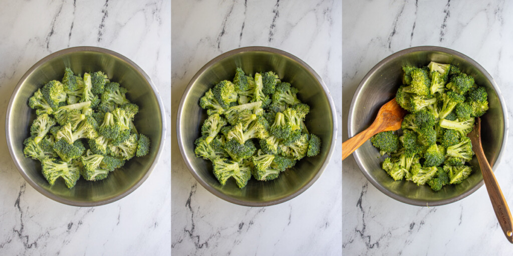 Collage showing broccoli being prepped for the sir fryer by adding oil and salt and tossing well.