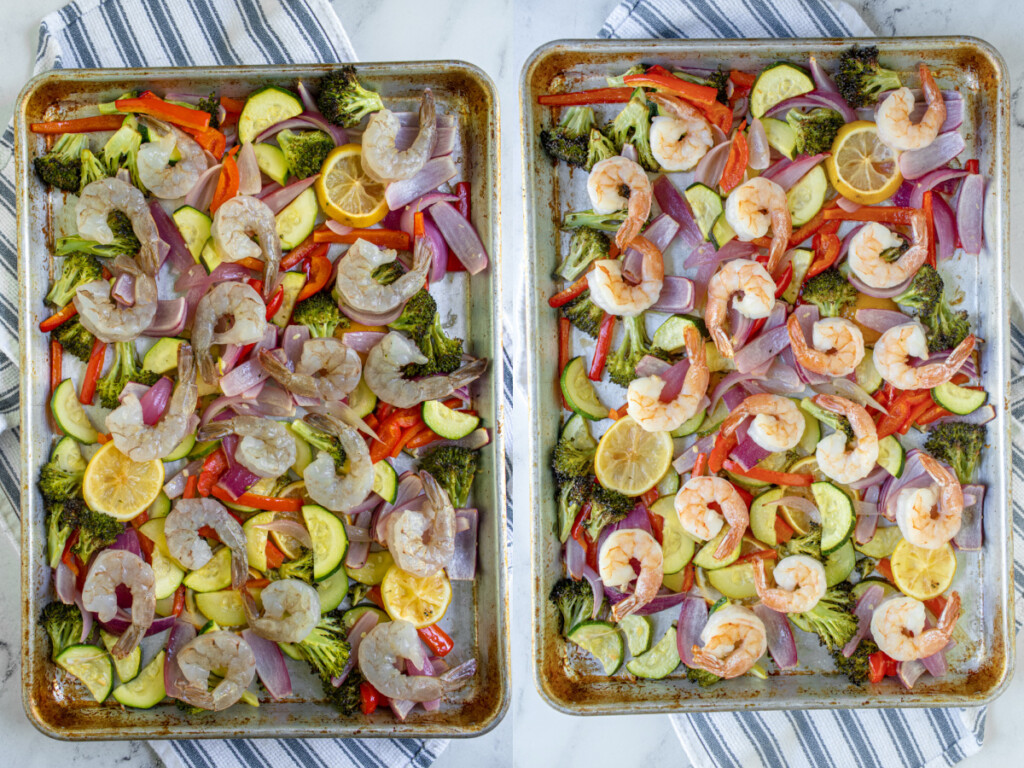 Side by side collage showing raw and cooked shrimp on top of a bed of veggies.