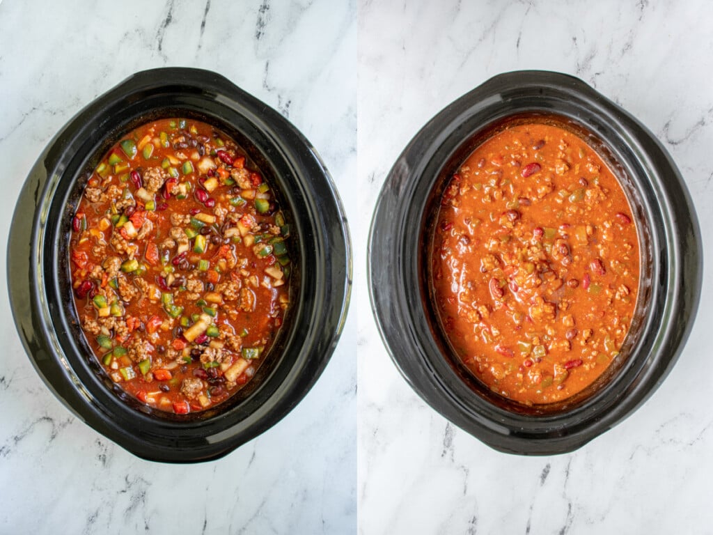 Collage with before and after of the classic crockpot chili all mixed together and cooked.