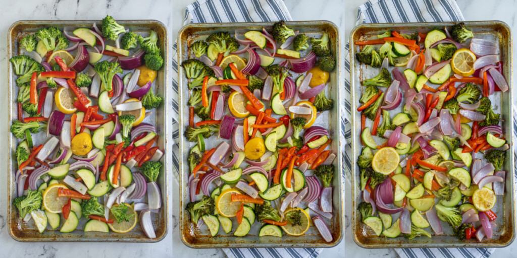 A collage showing the before and after of colorful vegetables being cooked on a sheet pan.