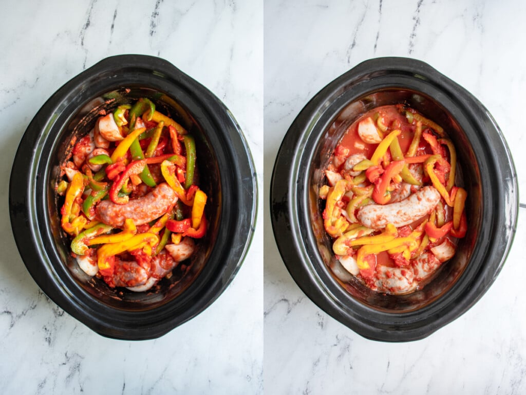 Before and after collage of sausage and peppers in the crockpot.