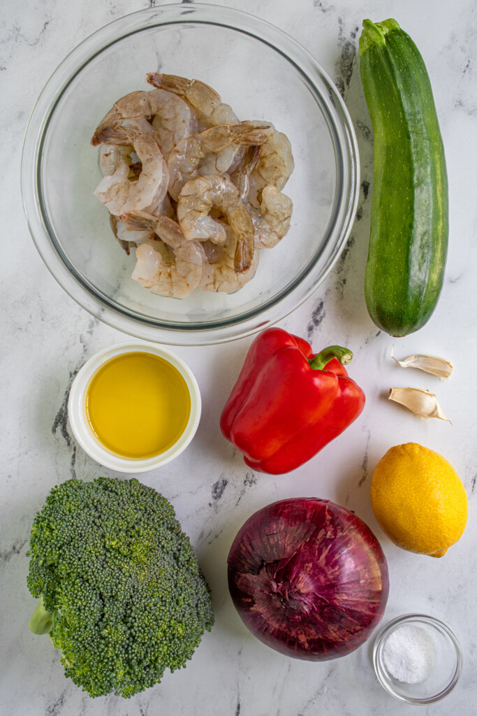 Ingredients to make Sheet Pan Shrimp and Veggies.