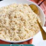 Pinterest Pin with text "Instant Pot Risotto", image of bowl of risotto and serving spoon.
