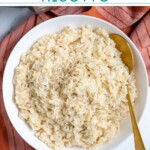 Pinterest Pin with text "Instant Pot Risotto", image of bowl of risotto and serving spoon.